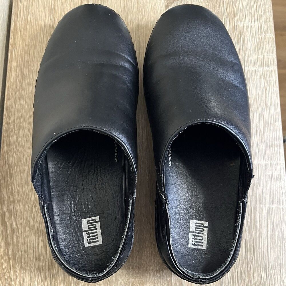 Fitflop Womens Black SHUV Leather Slip-On Clogs Sz 7.5 Comfort Microwobbleboard - Picture 6 of 10